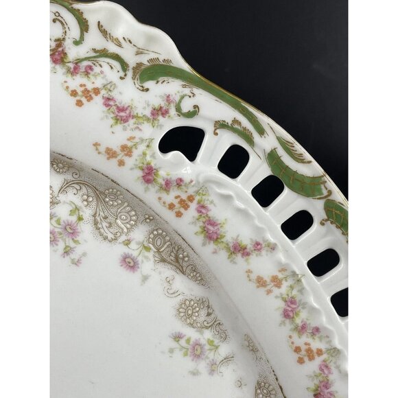 MONTMERY ST CLOUD SERVING PLATTER TRAY DISH RETICULATED FLORAL GOLD GREEN ANTIQ - Picture 7 of 12
